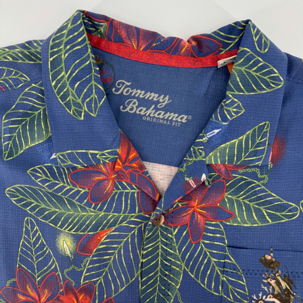Tommy Bahama Silk Shirt Men XL Blue Christmas Reindeer Tropical Floral Camp 8298
